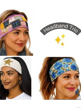 3 Handmade Boho Headbands, Cotton Wide Headband Trio, Floral Patchwork Hair Wrap